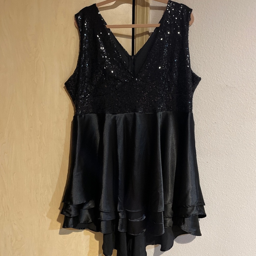Women 3X Gorgeous Sequin Satin Layer Ruffles Sexy Black Dress Party Cocktails